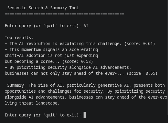 Terminal showing search results and an AI-generated summary from the AI Semantic Search Tool