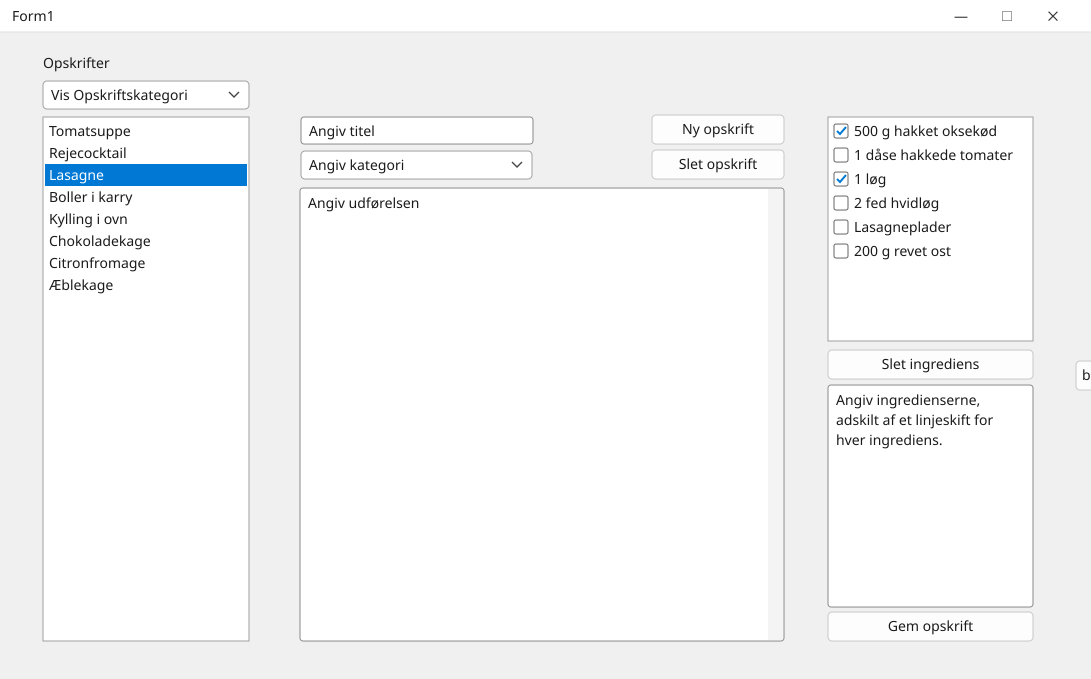 Screenshot of the recipe app built with Windows Forms